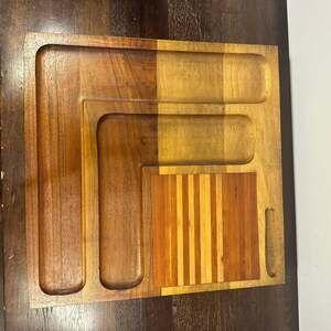 Vintage Walnut Wood Cheese Charcuterie Board Tray Vermillion Square Inlay Design